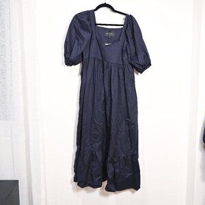 Monica Nera Small Natasha Maxi Dress Dark Blue Puff Sleeve NWT
